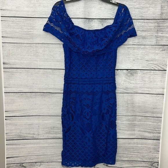 Sharagano Blue Off-Shoulder Cocktail Dress With Lace Design Size 4P - Picture 1 of 5